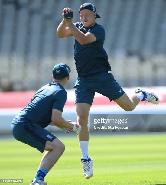 England player Ollie Pope takes a catch during fielding practice during England nets ahead of the first Ashes Test Match at Edgbaston on June 14,...