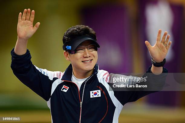 Jongoh Jin of Korea reacts after winning the gold medal in the Men's 50m Pistol Shooting final on Day 9 of the London 2012 Olympic Game at the Royal...