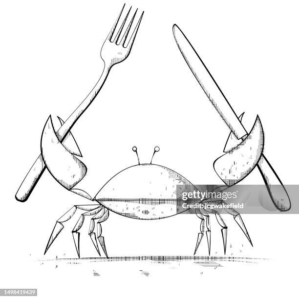 a crab with big claws and big cutlery - sketch comedy stock illustrations