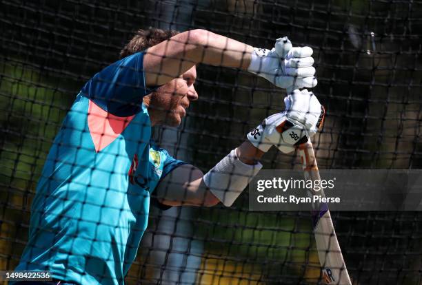 David Warner of Australia bats during an Australia Nets Session at Edgbaston on June 14, 2023 in Birmingham, England.