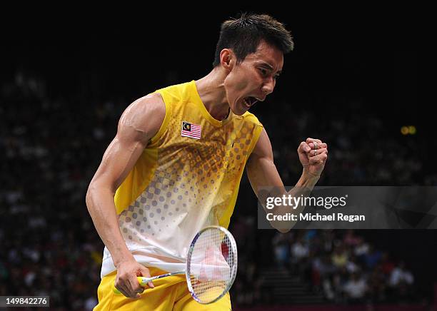Chong Wei Lee of Malaysia celebrates a point in his Men's Singles Badminton Gold Medal match against Lin Dan of China on Day 9 of the London 2012...