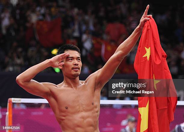 Lin Dan of China celebrates winning his Men's Singles Badminton Gold Medal match against Chong Wei Lee of Malaysia on Day 9 of the London 2012...