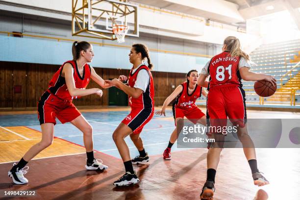basketball female team training at court - basketball competition stockfoto's en -beelden