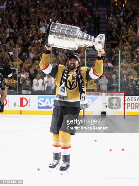 Mark Stone of the Vegas Golden Knights celebrates the Stanley Cup victory over the Florida Panthers in Game Five of the 2023 NHL Stanley Cup Final at...