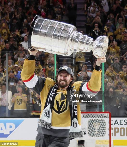 Mark Stone of the Vegas Golden Knights celebrates the Stanley Cup victory over the Florida Panthers in Game Five of the 2023 NHL Stanley Cup Final at...