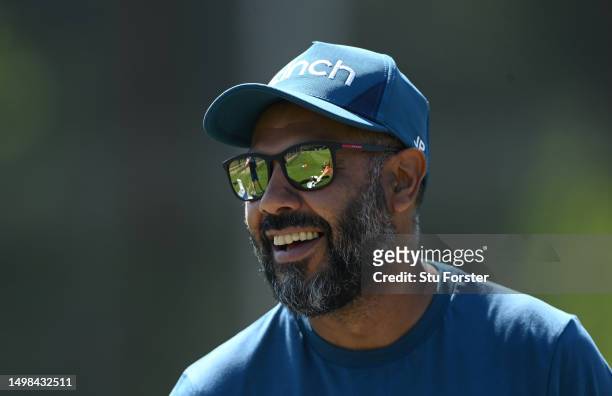 England spin bowling coach Jeetan Patel smiles during England nets ahead of the Ashes Series against Australia at Edgbaston on June 14, 2023 in...