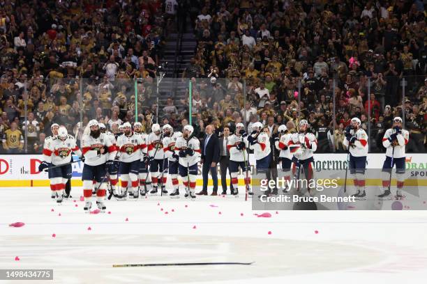 The Florida Panthers wait to shake hands with the Vegas Golden Knights after Game Five of the 2023 NHL Stanley Cup Final at T-Mobile Arena on June...