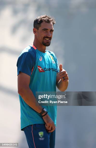 Mitchell Starc of Australia trains during an Australia Nets Session at Edgbaston on June 14, 2023 in Birmingham, England.