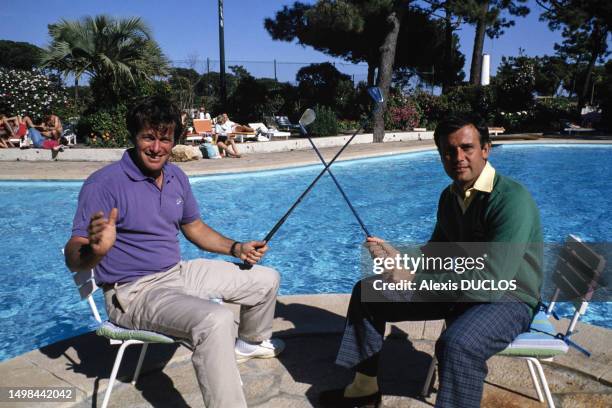 Le pilote de rallye automobile Hubert Auriol et Patrick Tambay lors d'un tournoi de golf à Estoril le 29 mars 1988