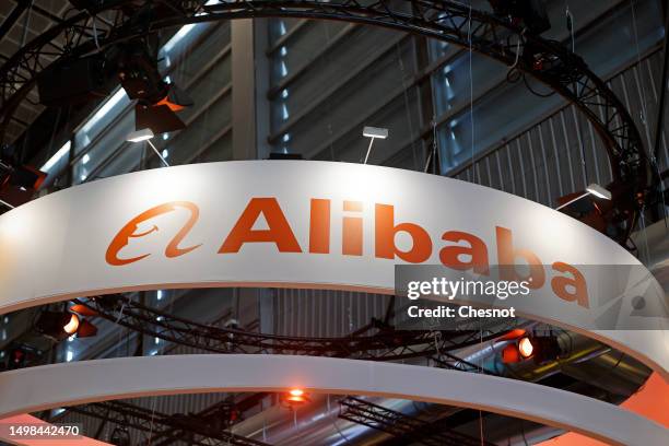 Online e-commerce company Alibaba Group logo is displayed dduring the Viva Technology conference at Parc des Expositions Porte de Versailles on June...