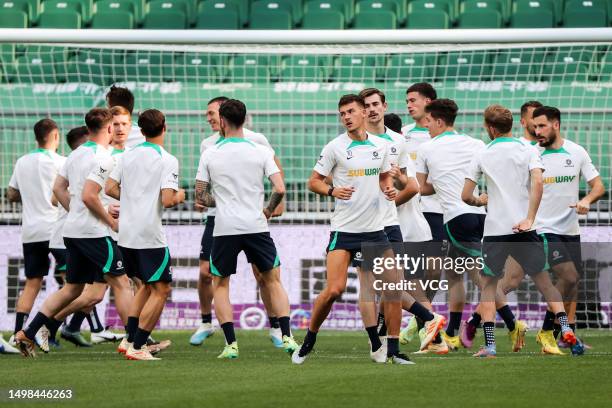 Players of Australia attend a training session ahead of 2023 International Football Invitation match between Argentina and Australia at Workers...