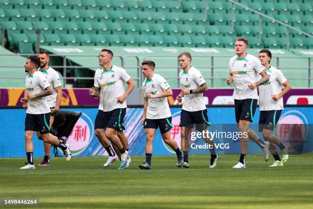 Players of Australia attend a training session ahead of 2023 International Football Invitation match between Argentina and Australia at Workers...