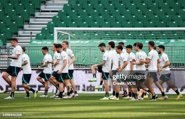 Players of Australia attend a training session ahead of 2023 International Football Invitation match between Argentina and Australia at Workers...