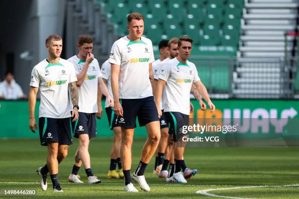 Players of Australia attend a training session ahead of 2023 International Football Invitation match between Argentina and Australia at Workers...