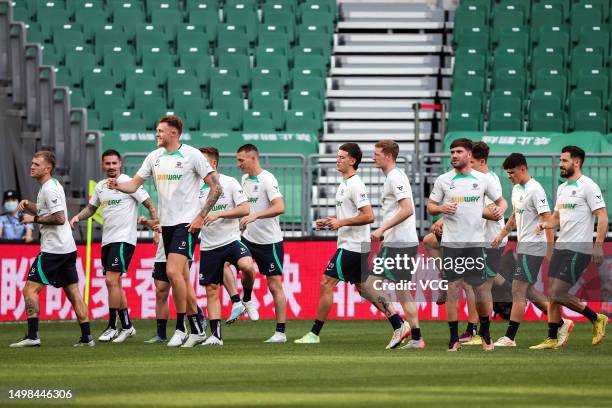 Players of Australia attend a training session ahead of 2023 International Football Invitation match between Argentina and Australia at Workers...