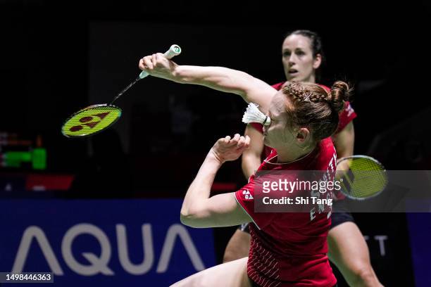Chloe Birch and Lauren Smith of England compete in the Women's Doubles First Round match against Yuki Fukushima and Sayaka Hirota of Japan on day two...