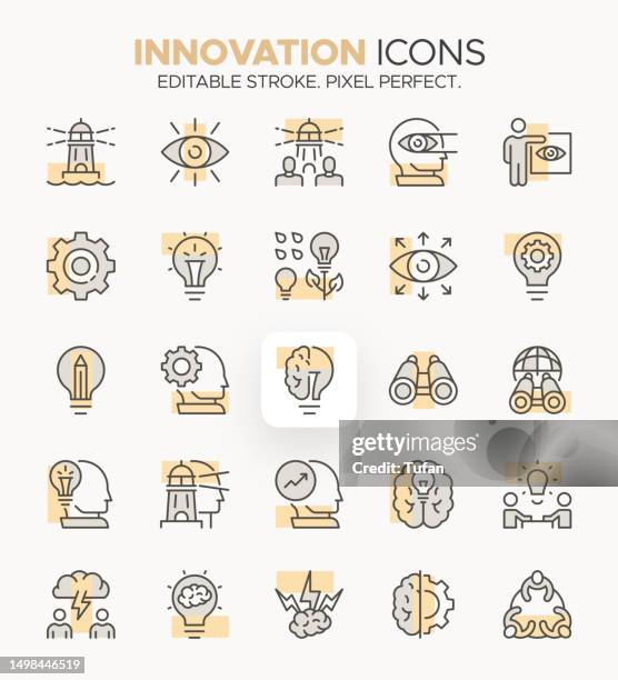 colorful innovation icon set - vision, seeing, brainstorming and creative idea symbols - outside the box icon stock illustrations