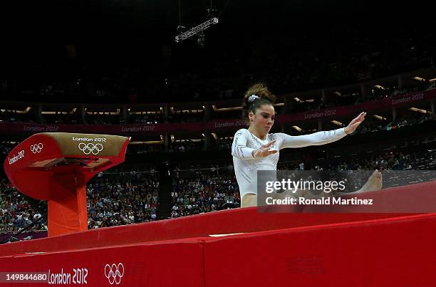 Mc Kayla Maroney of United States fails to land her dismount in the Artistic Gymnastics Women's Vault final on Day 9 of the London 2012 Olympic Games...