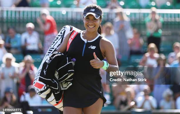 Heather Watson of Great Britain celebrates after she beats against Tatjana Maria of Germany during the Rothesay Open at Nottingham Tennis Centre on...