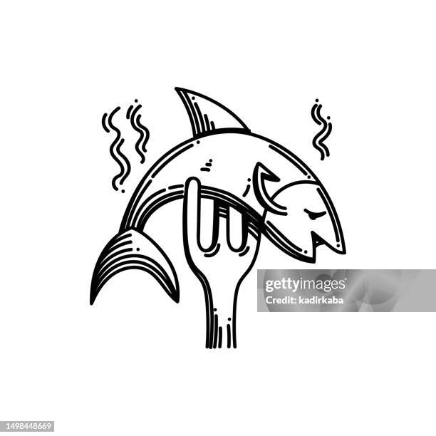 fish line icon, sketch design, pixel perfect, editable stroke. logo, sign, symbol. seafood, restaurant, food and drink, dining, cooking, meal. - seared tuna salad stock illustrations