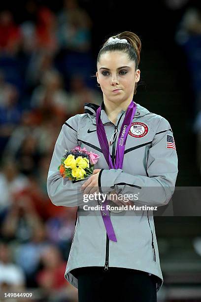 Mc Kayla Maroney of the United States stands on the podium with her silver medal during the medal ceremony following the Artistic Gymnastics Women's...