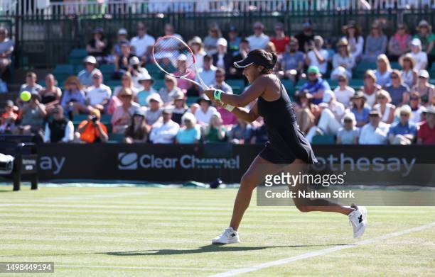 Heather Watson of Great Britain plays against Tatjana Maria of Germany during the Rothesay Open at Nottingham Tennis Centre on June 14, 2023 in...