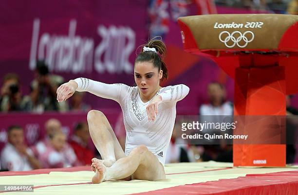 Mc Kayla Maroney of United States fails to land her dismount in the Artistic Gymnastics Women's Vault final on Day 9 of the London 2012 Olympic Games...