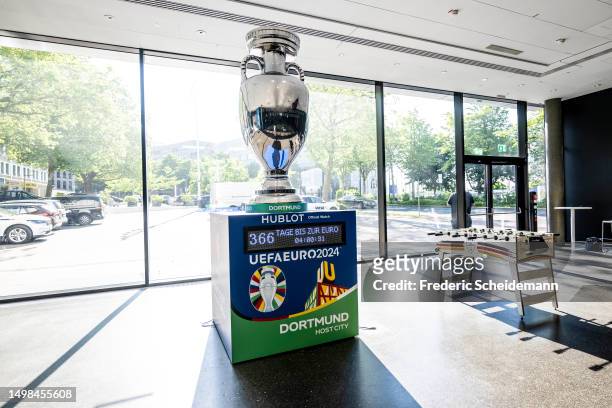 Hublot countdown clock and Trophy of Euro 2024 is seen at Deutsches Fussballmuseum on June 14, 2023 in Dortmund, Germany.
