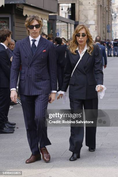 Daniela Zuccoli and Leonardo Bongioerno are seen during the funeral of former Italian Prime Minister Silvio Berlusconi on June 14, 2023 in Milan,...