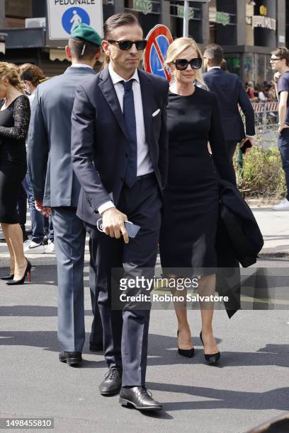 Federica Panicucci and Marco Bacini are seen during the funeral of former Italian Prime Minister Silvio Berlusconi on June 14, 2023 in Milan, Italy....