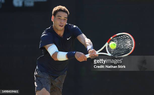 George Loffihagen of Great Britain plays against Juncheng Shang of China during the Rothesay Open at Nottingham Tennis Centre on June 14, 2023 in...