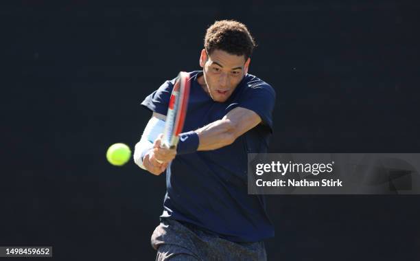 George Loffihagen of Great Britain plays against Juncheng Shang of China during the Rothesay Open at Nottingham Tennis Centre on June 14, 2023 in...