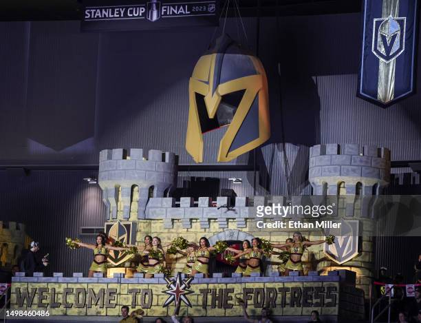 Members of the Vegas Golden Knights Vegas Vivas cheerleaders perform in the Castle in the second period of Game Five of the 2023 NHL Stanley Cup...