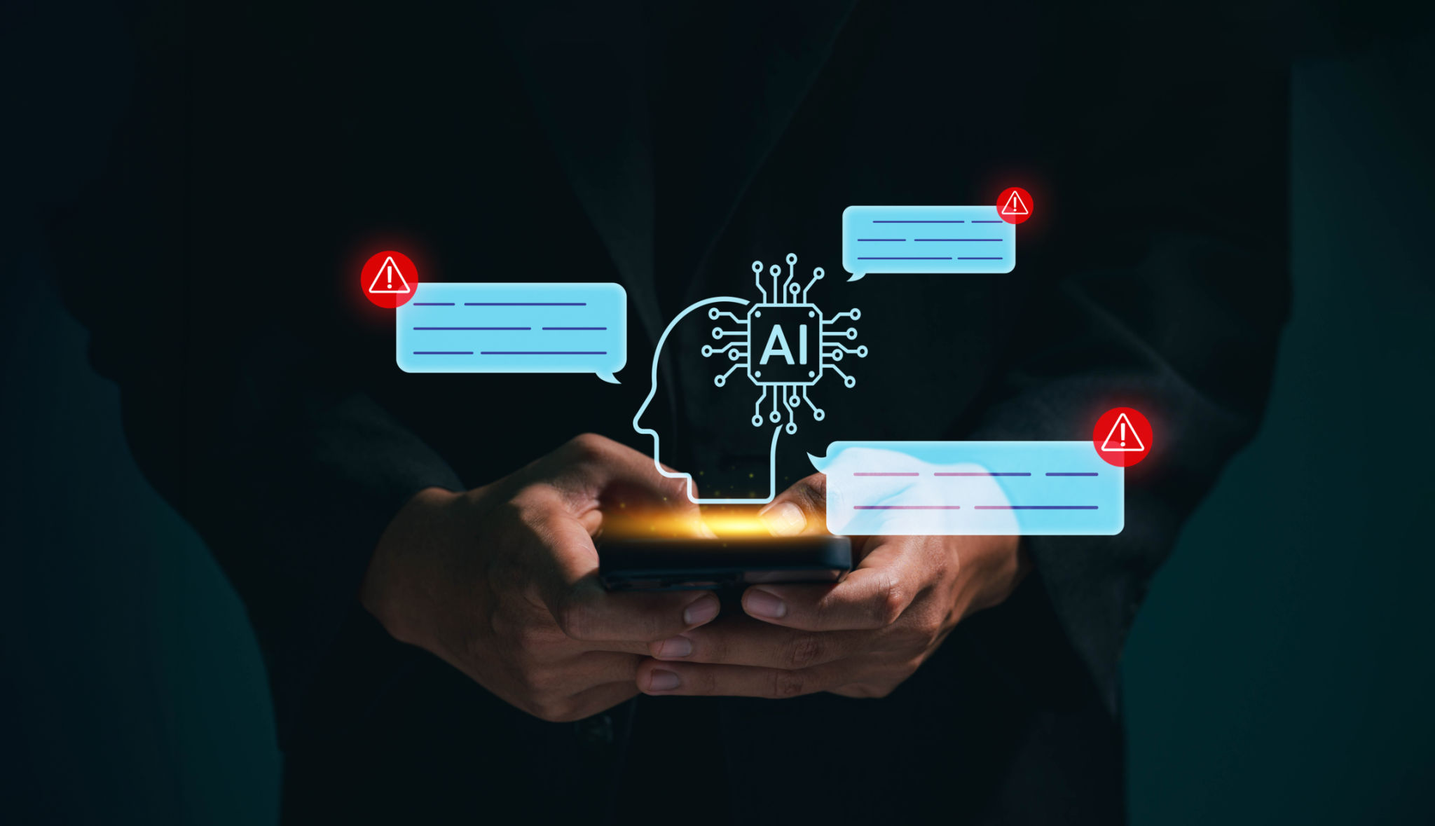 Business man using digital chatbot Artificial Intelligence (AI) with hacking and warning alert. cyber attack network, spyware or Malicious software. Technology cyber security and cybercrime. Business man using digital chatbot Artificial Intelligence (AI) with hacking and warning alert. cyber attack network, spyware or Malicious software. Technology cyber security and cybercrime.