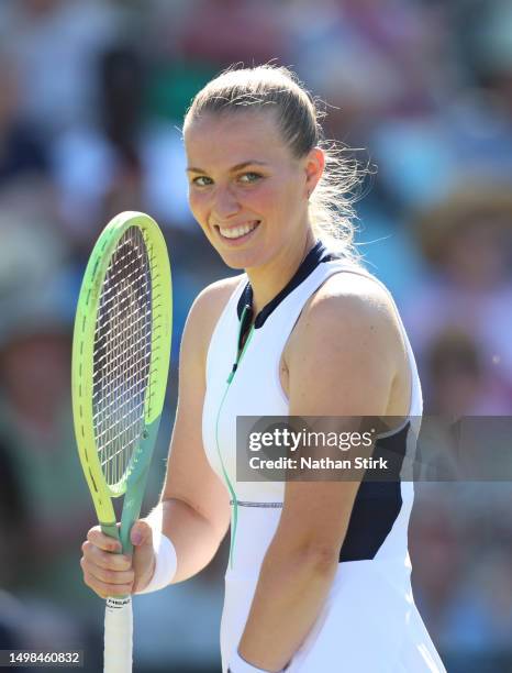 Ali Collins of Great Britain play against Ulrikke Eikeri and Ingrid Neel in the women's doubles with Freya Christie during the Rothesay Open at...