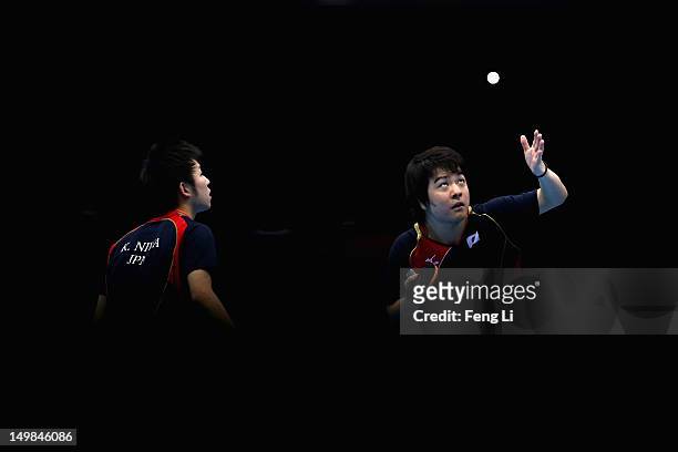 Seiya Kishikawa and Koki Niwa of Japan competes during Men's Team Table Tennis quarterfinal match against team of Hong Kong, China on Day 9 of the...