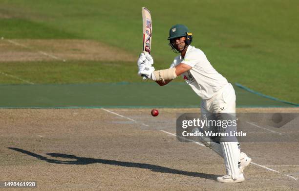 Brett D'Oliveira of Worcestershire is caught playing a shot during the second innings of the LV= Insurance County Championship Division 2 match...