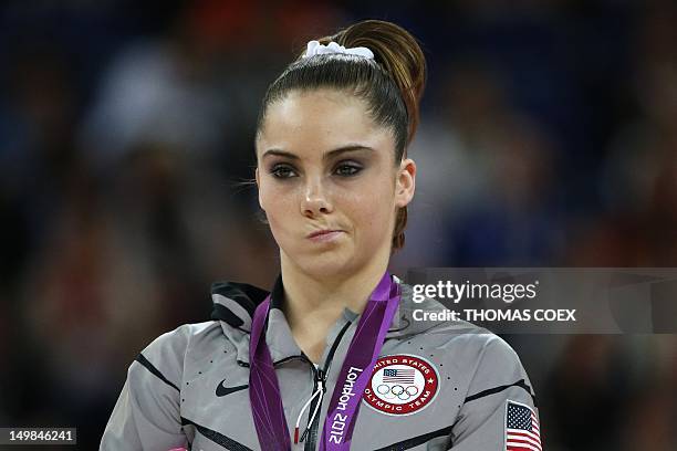 Kayla Mc Maroney poses with her silver medal on the podium of the women's vault final of the artistic gymnastics event of the London Olympic Games on...