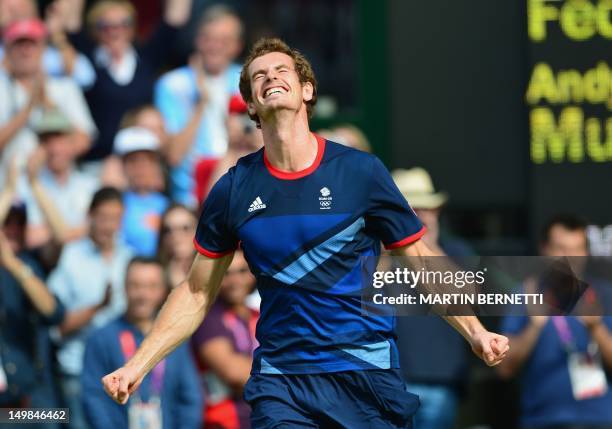 Great Britain's Andy Murray celebrates after winning the men's singles gold medal match of the London 2012 Olympic Games by defeating Switzerland's...