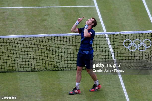 Andy Murray of Great Britain celebrates after defeating Roger Federer of Switzerland in the Men's Singles Tennis Gold Medal Match on Day 9 of the...