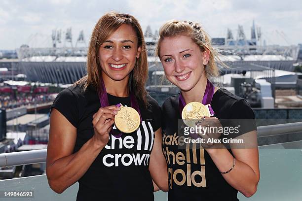 Jessica Ennis and Laura Trott of Team GB at the adidas Olympic Media Lounge at Westfield Stratford City on August 5, 2012 in London, England.