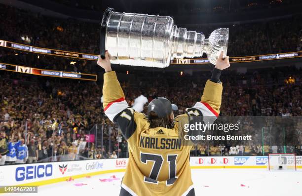 William Karlsson of the Vegas Golden Knights celebrates the Stanley Cup victory over the Florida Panthers in Game Five of the 2023 NHL Stanley Cup...