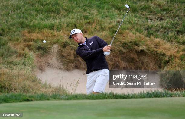 Sam Stevens of the United States plays a shot during a practice round prior to the 123rd U.S. Open Championship at The Los Angeles Country Club on...