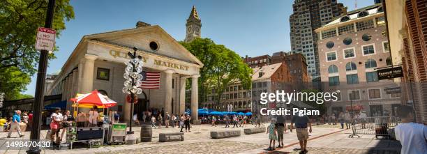 quincy market and shopping area on the freedom trail panorama in boston massachusetts usa - freedom trail stock pictures, royalty-free photos & images