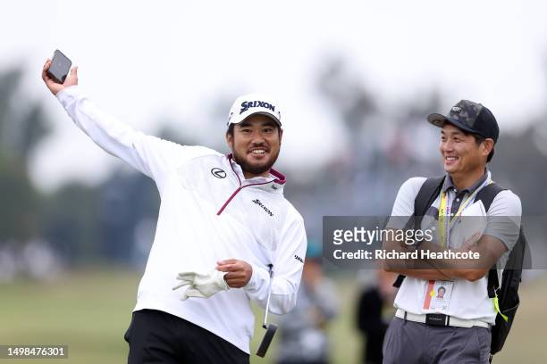 Hideki Matsuyama of Japan reacts after a shot during a practice round prior to the 123rd U.S. Open Championship at The Los Angeles Country Club on...