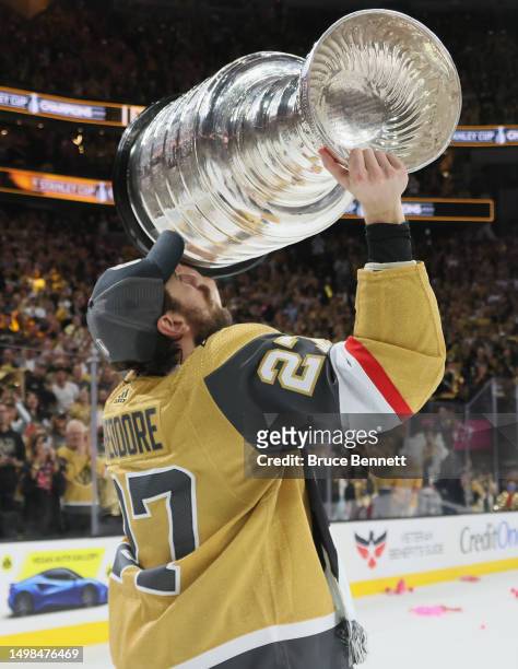 Shea Theodore of the Vegas Golden Knights celebrates the Stanley Cup victory over the Florida Panthers in Game Five of the 2023 NHL Stanley Cup Final...