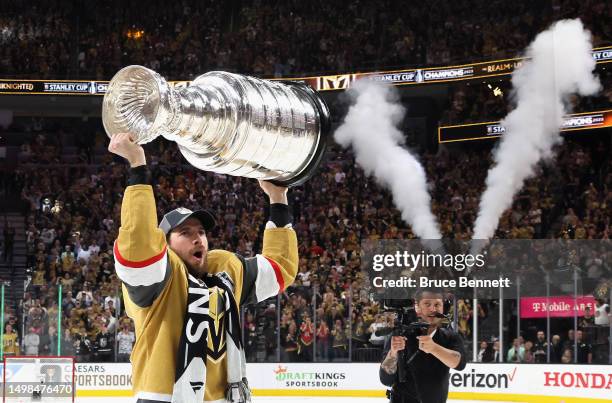 Shea Theodore of the Vegas Golden Knights celebrates the Stanley Cup victory over the Florida Panthers in Game Five of the 2023 NHL Stanley Cup Final...