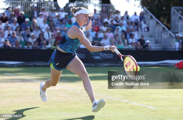 Harriet Dart of Great Britain plays against Hao-Ching Chan and Latisha Chan in the women's doubles with Heather Watson during the Rothesay Open at...