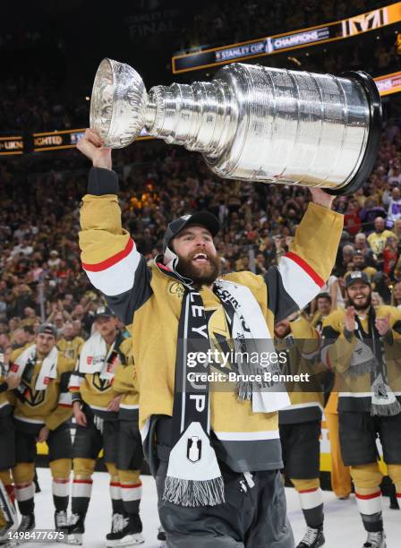 Alex Pietrangelo of the Vegas Golden Knights celebrates the Stanley Cup victory over the Florida Panthers in Game Five of the 2023 NHL Stanley Cup...