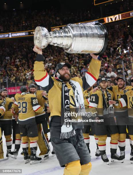 Alex Pietrangelo of the Vegas Golden Knights celebrates the Stanley Cup victory over the Florida Panthers in Game Five of the 2023 NHL Stanley Cup...